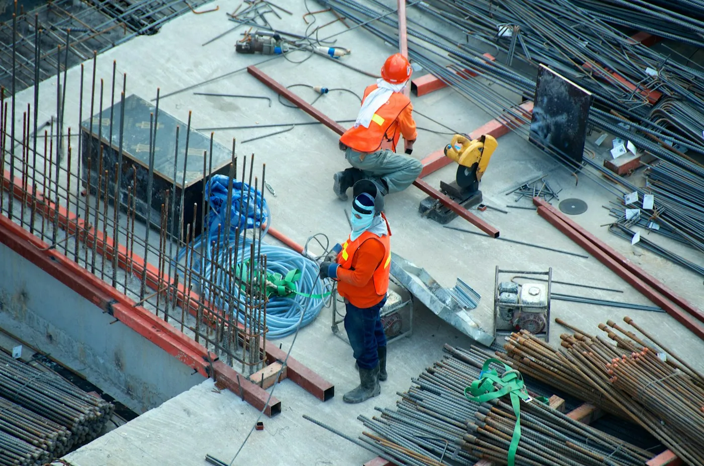 Steel fixers working on a rebar deck